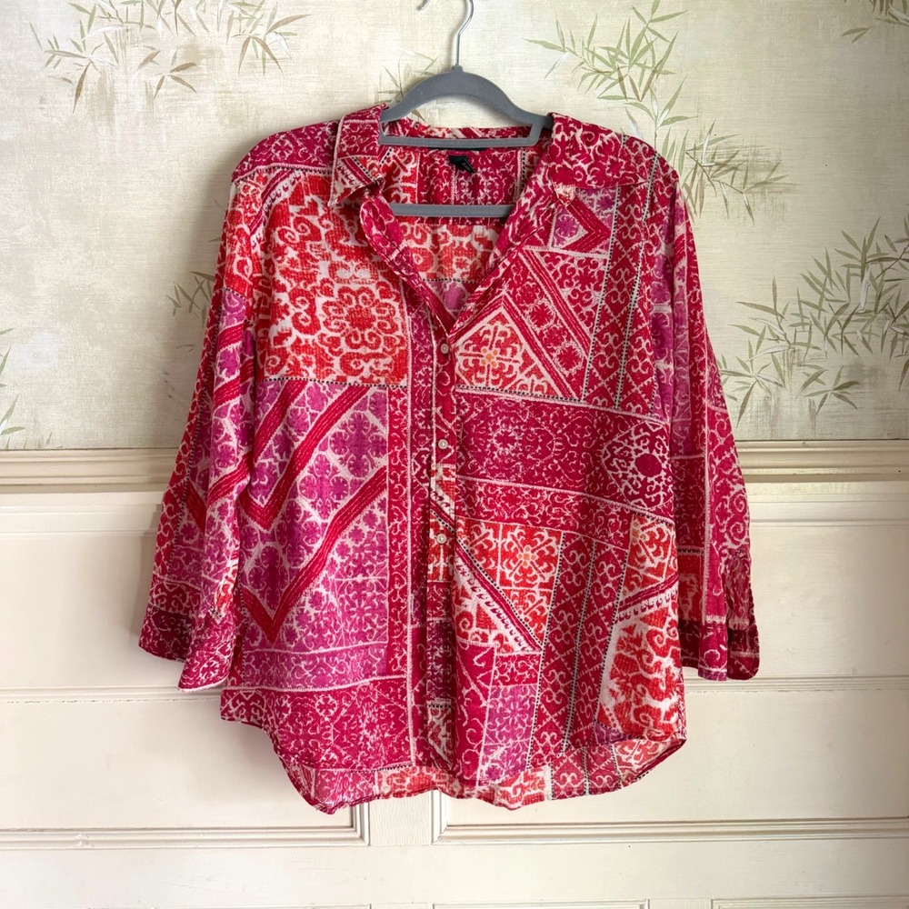 Lauren Ralph Lauren Cotton Patchwork Print Button Down Shirt Pink Red Blouse XL
